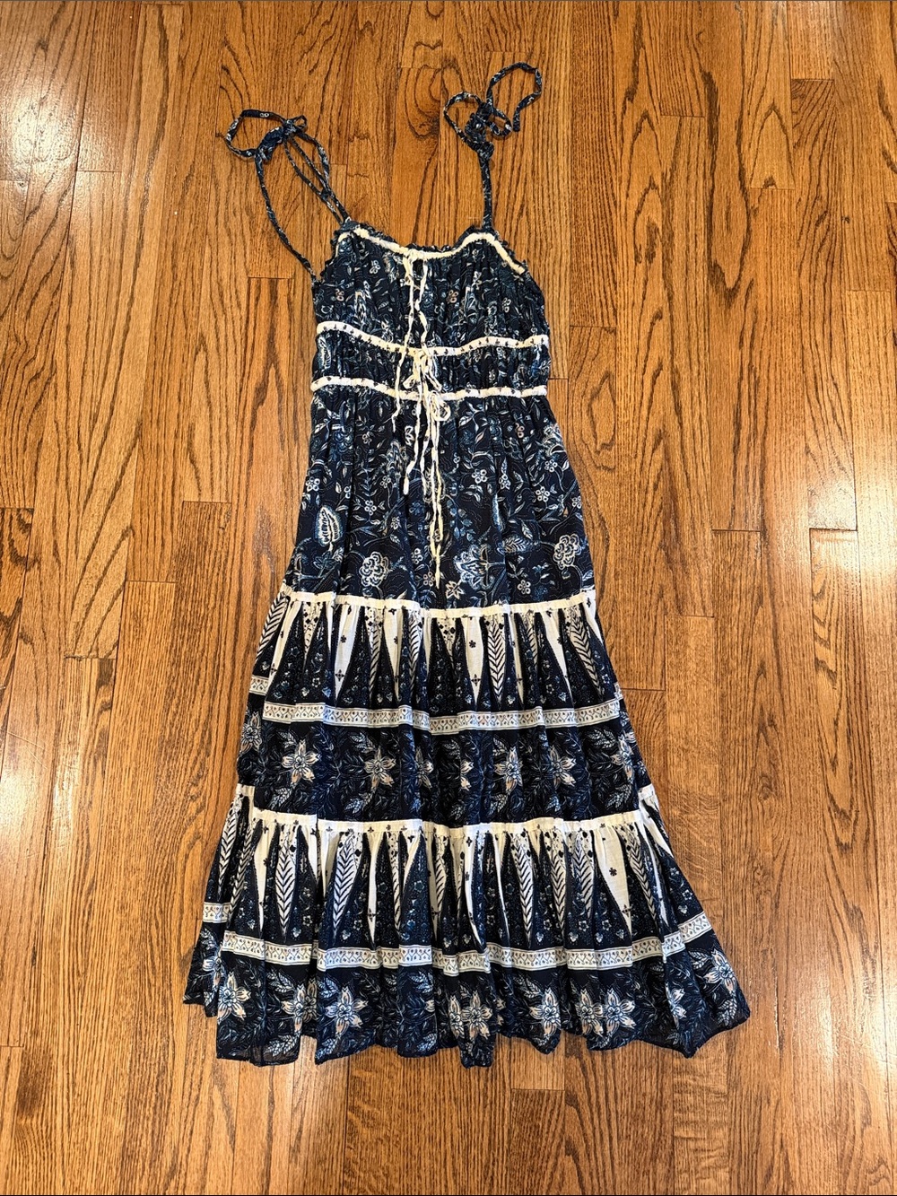 Christian Lacroix Navy and Cream Floral Tiered Maxi Dress